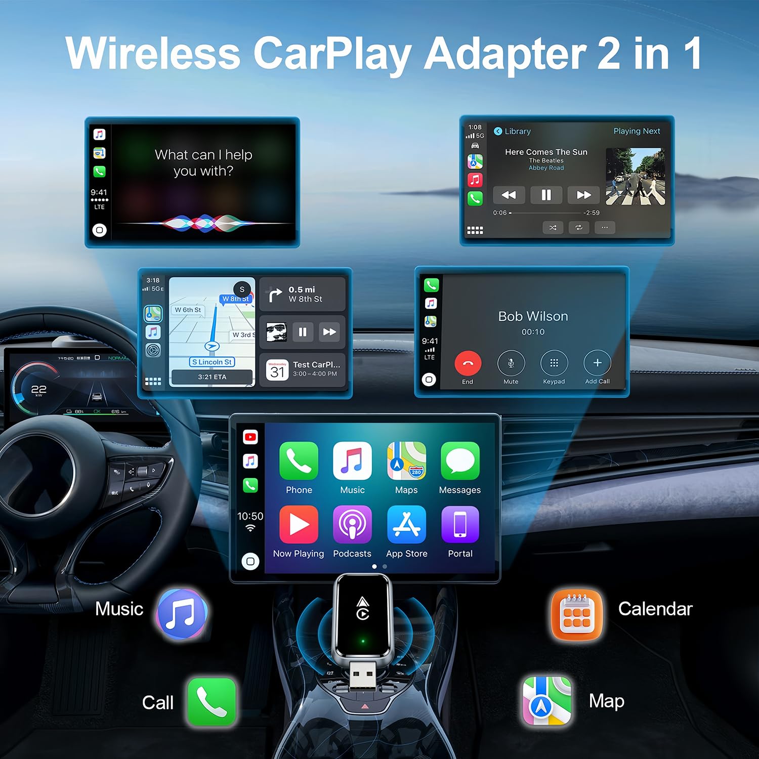 Wireless CarPlay Adapter 2-in-1 for iPhone & Android โ Bluetooth 5.0 USB Dongle with OTA Update and Voice Control (Black) โ image 3