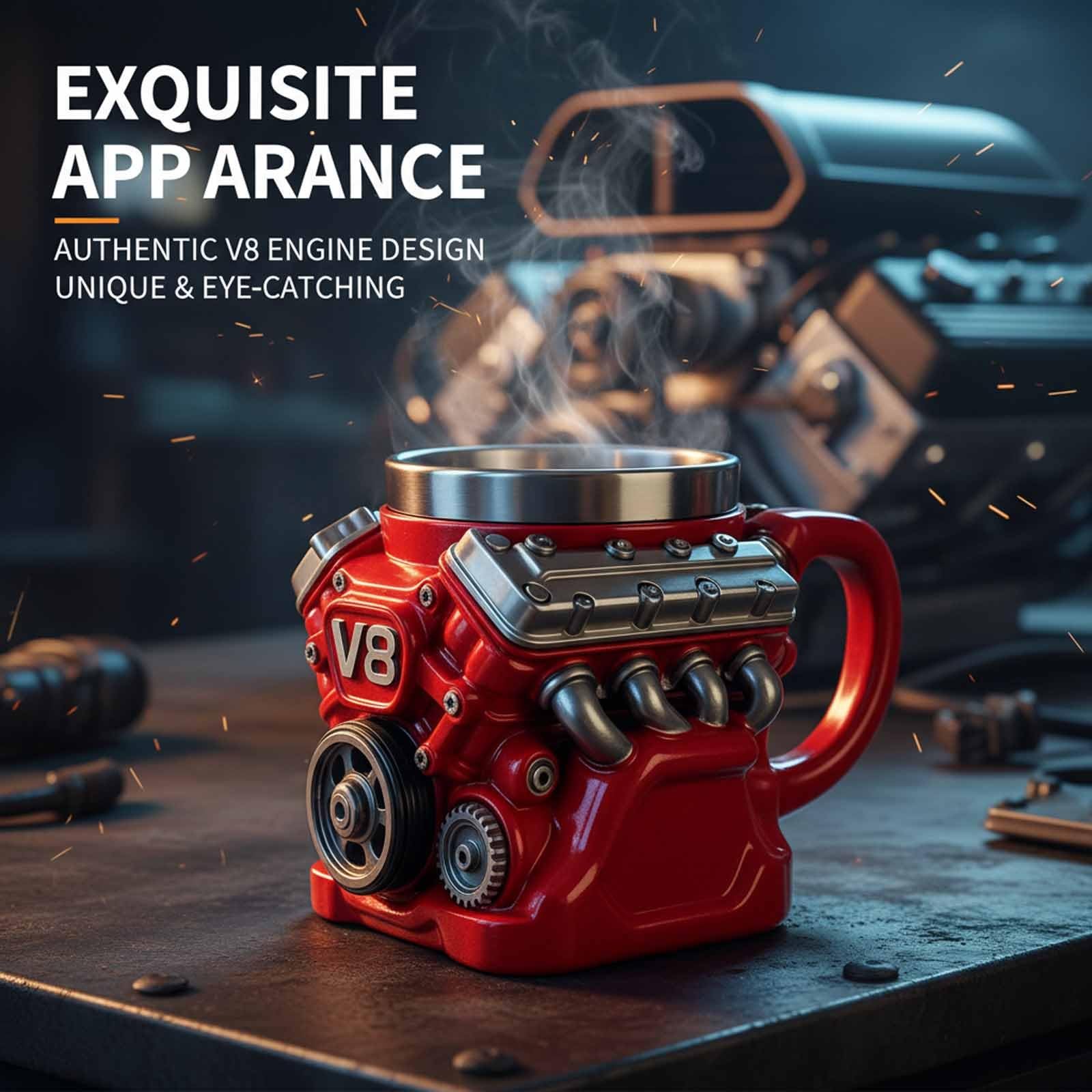 3D V8 Engine Coffee Mug Stainless Steel Liner Resin Novelty Cup 300ml Double Wall Insulated Gift for Car Enthusiasts Mechanics Red — image 2