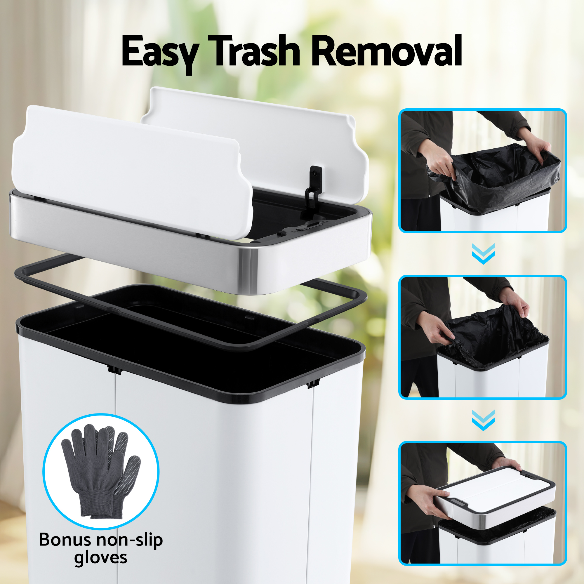 Devanti Rubbish Bin 70L Automatic Sensor Kitchen Bin, Slim Smart Garbage Can Touchless Rectangular with Liner Holder, Fully Closed Lid for Bedroom, Bathroom โ image 5