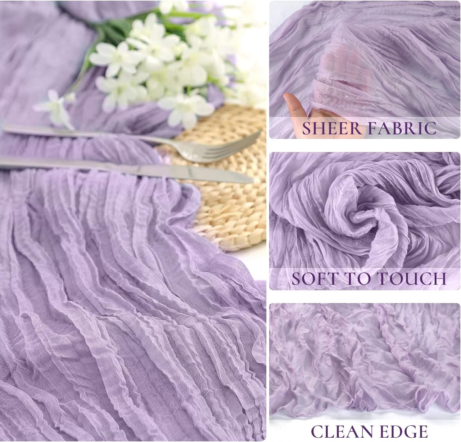 Lilac Purple Cheese Cloth Table Runner Easter Spring Boho Romantic 10ft Lavender Gauze Cheesecloth Table Runner for Baby Shower Decoration Wedding Bridal — image 3