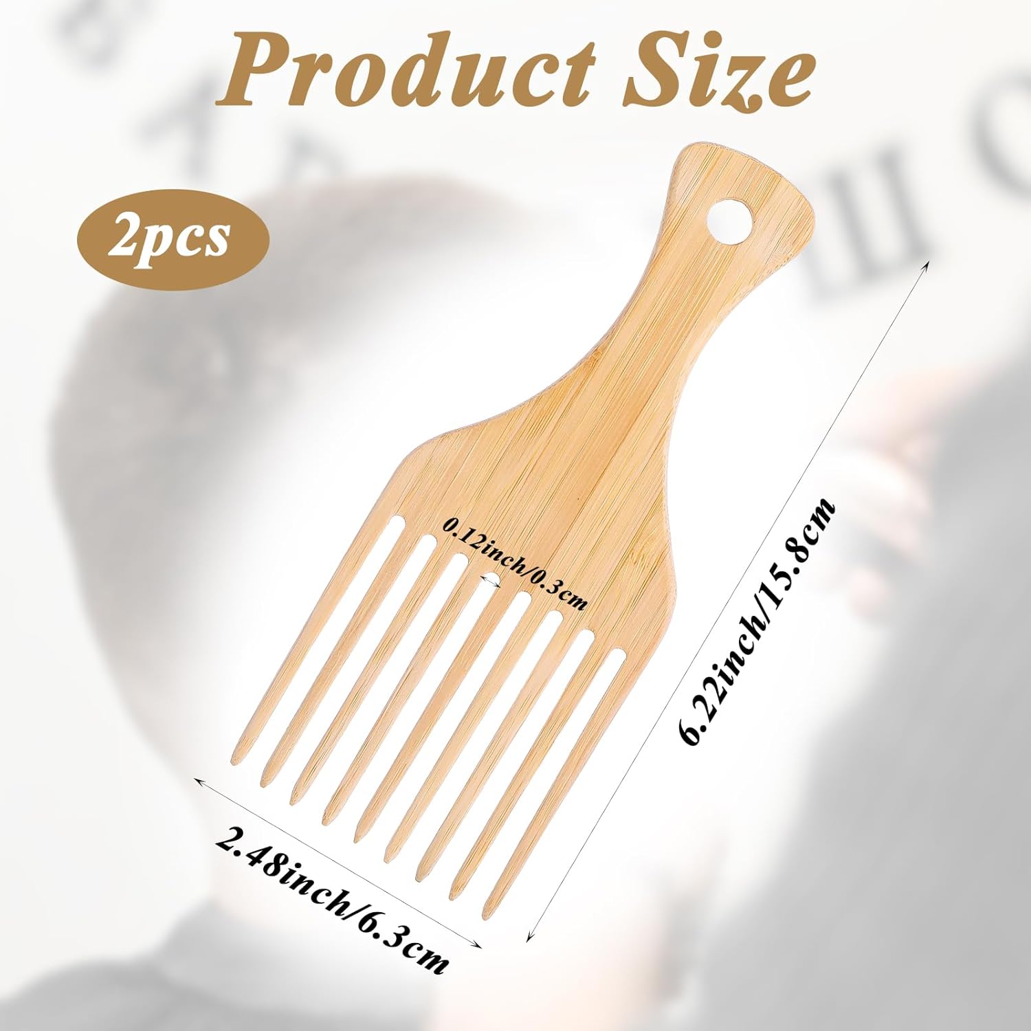 2 PCS Bamboo Comb Set for Afro Hairstyle, Natural Anti-Static Hair Picks for Curly Hair, Wooden Wide Tooth Comb with Pick, Long Tooth Detangling Combs for Men