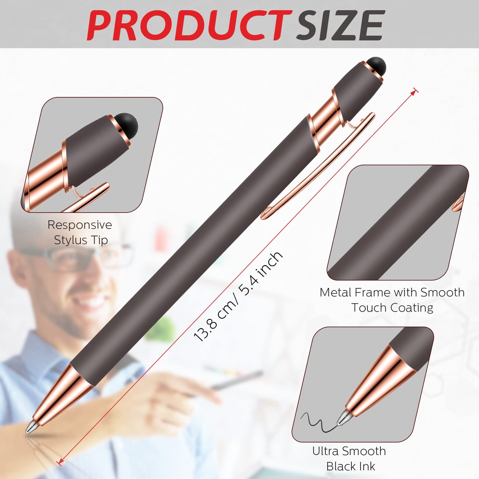 12 Pieces Ballpoint Pen with Stylus Tip, 1.0 mm Black Ink Metal Pen Stylus Pen for Touch Screens, 2 in 1 Stylus (Gray) — image 2