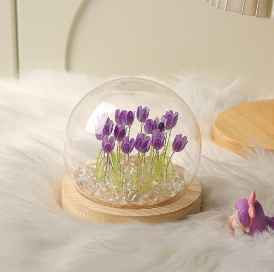 (Ten Purple Tulips) Glowing Tulip Dome Lamp - Wooden Base, Bedside Table Decoration โ image 4