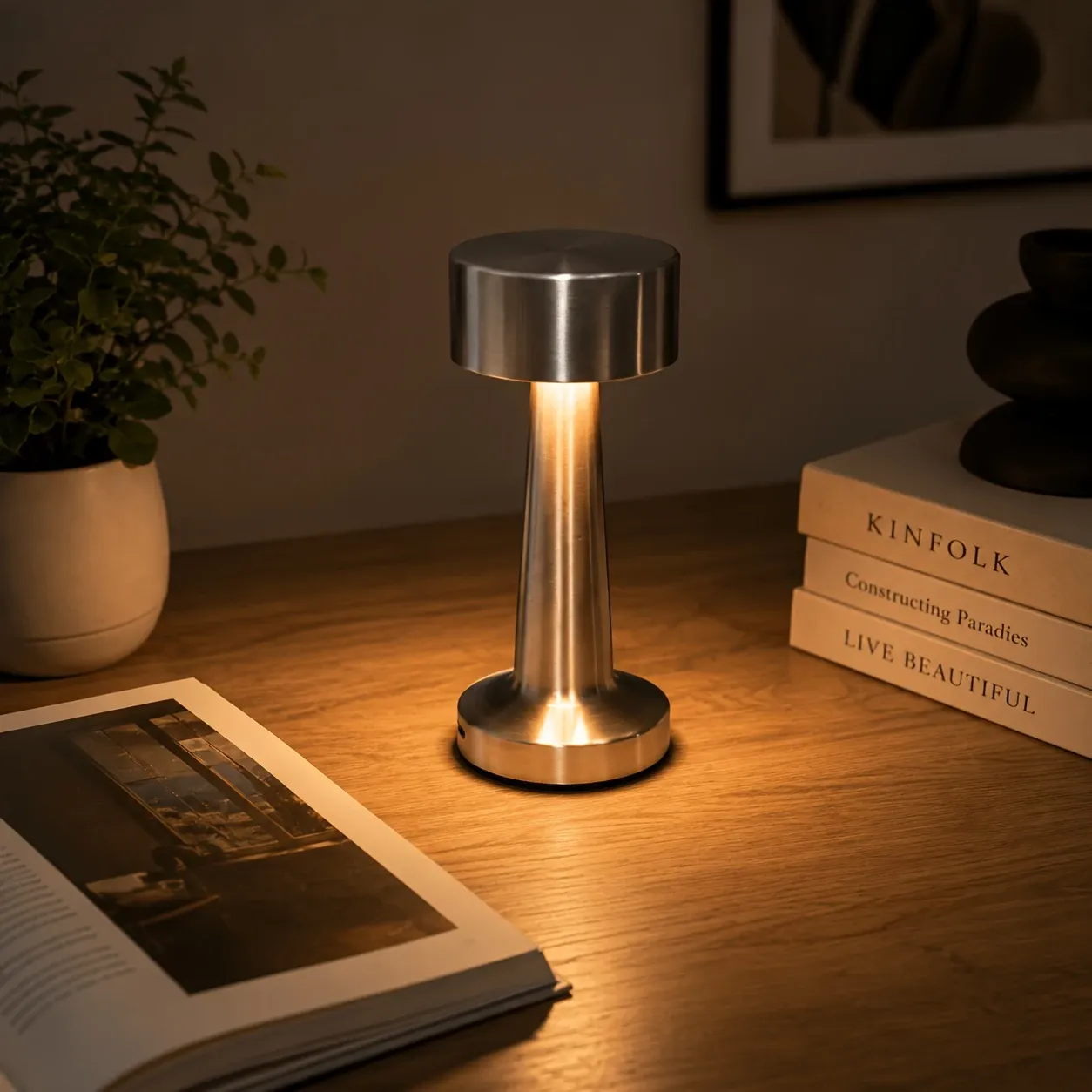 Dumbbell-Shape Metal Touch Lamp – Brushed Body, 3 Color Temperatures, Wireless & Portable, Soft Eye-Friendly Ambient Light(Matte Black) — image 5