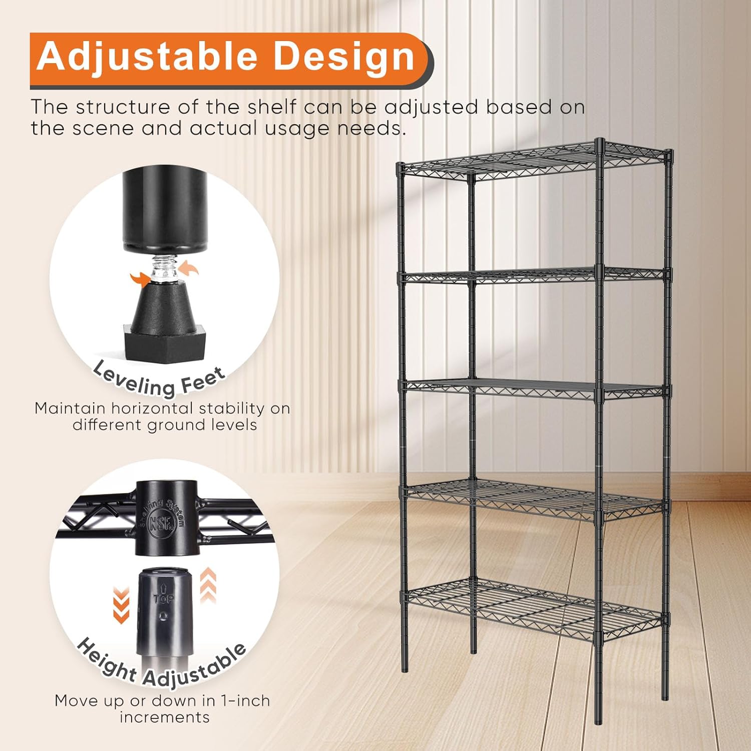 CARLA HOME 5-Tier Adjustable Metal Storage Shelves Wire Rack Organizer for Kitchen, Pantry, Bathroom or Laundry Room (60cm W x 40cm D x 176cm H) — image 5