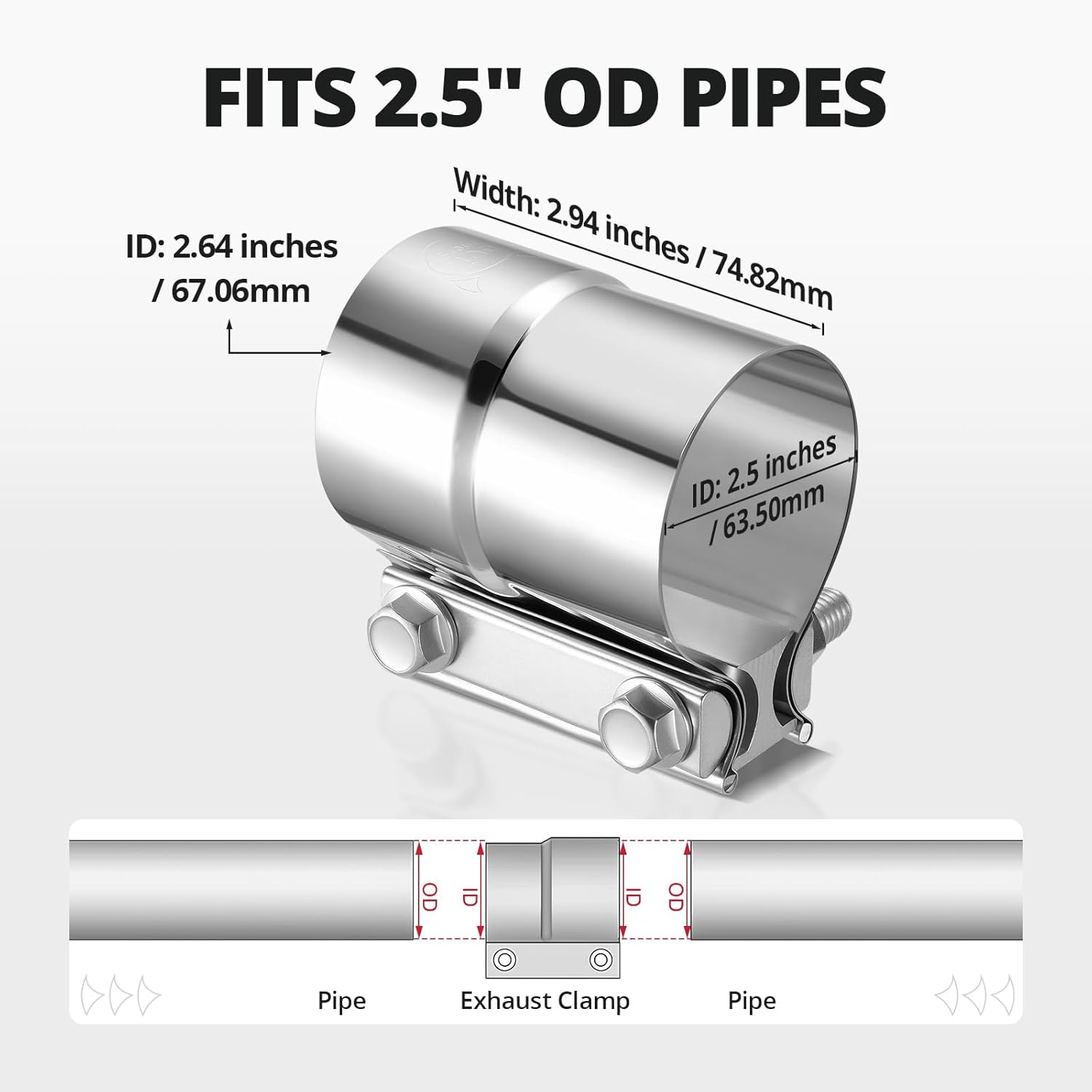 2.5'' Exhaust Clamp, Lap Joint Band Clamp Stainless Steel for Pipes, Mufflers, Catalytic Converters (1PCS, 2.5 inch) ā image 2