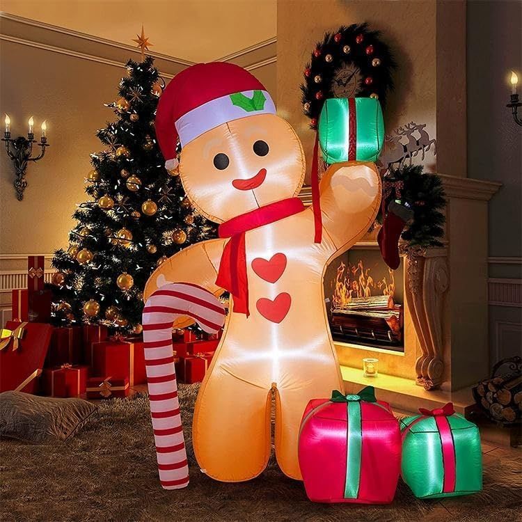 8FT/2.4m Lighted Inflatable Gingerbread Man Christmas Decoration with Candy Cane & Gift Boxes, Outdoor Indoor Holiday Yard Lawn Display with Built-in LED