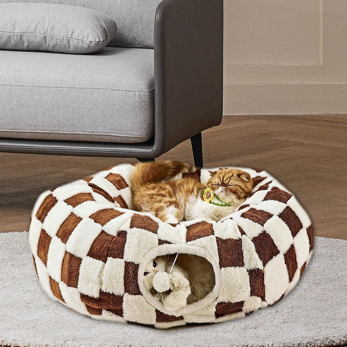 Cat Tunnel Bed with Washable Cushion for Indoor Cat, Donut Cave Tube Toys for Kitten Puppy Rabbit - Blue - Size 33.5in — image 3