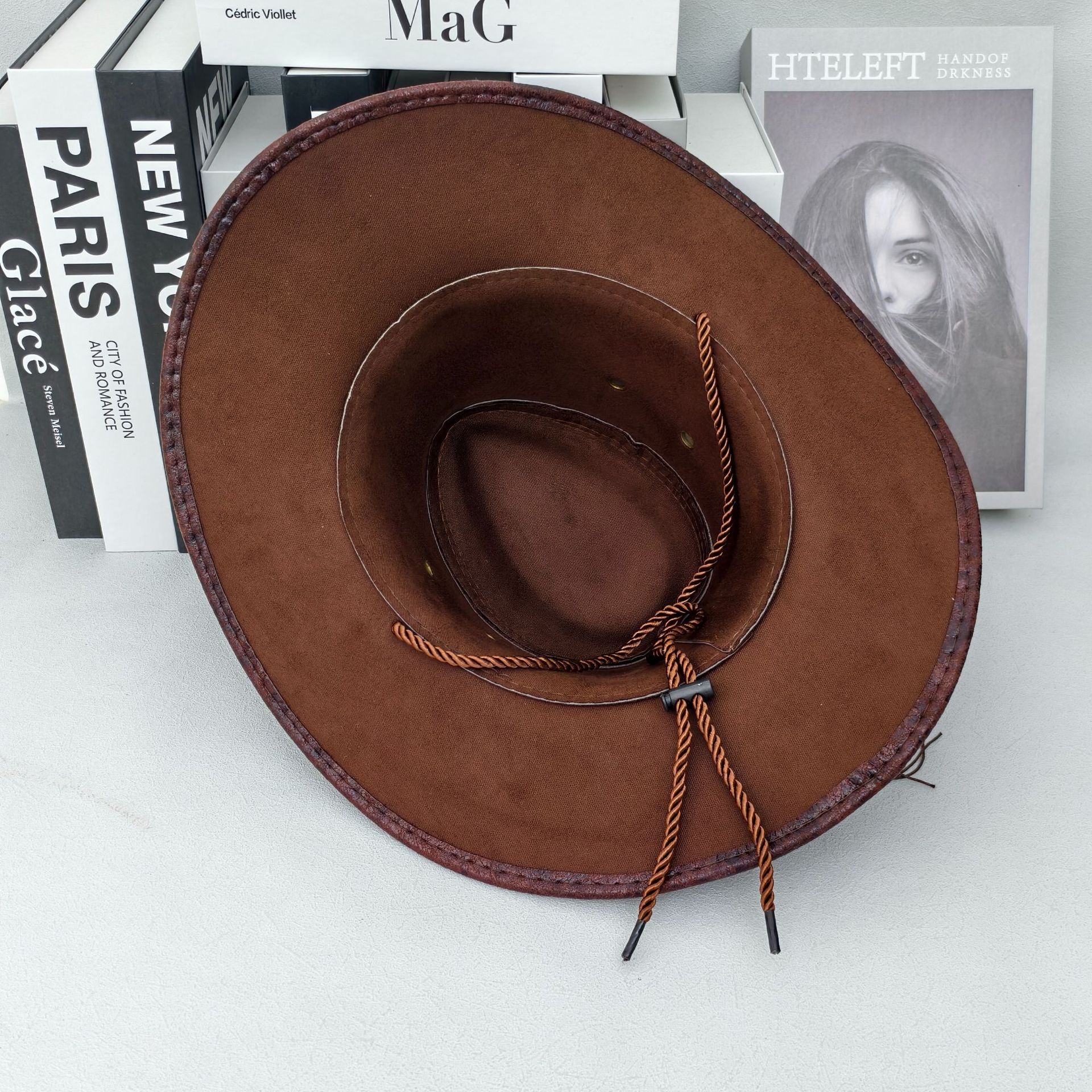 Rustic Western Cowboy Hat - Distressed Faux Leather Look Wide Brim Outback Sun Hat with Bull Head Emblem for Men & Women (Coffee Brown) — image 3
