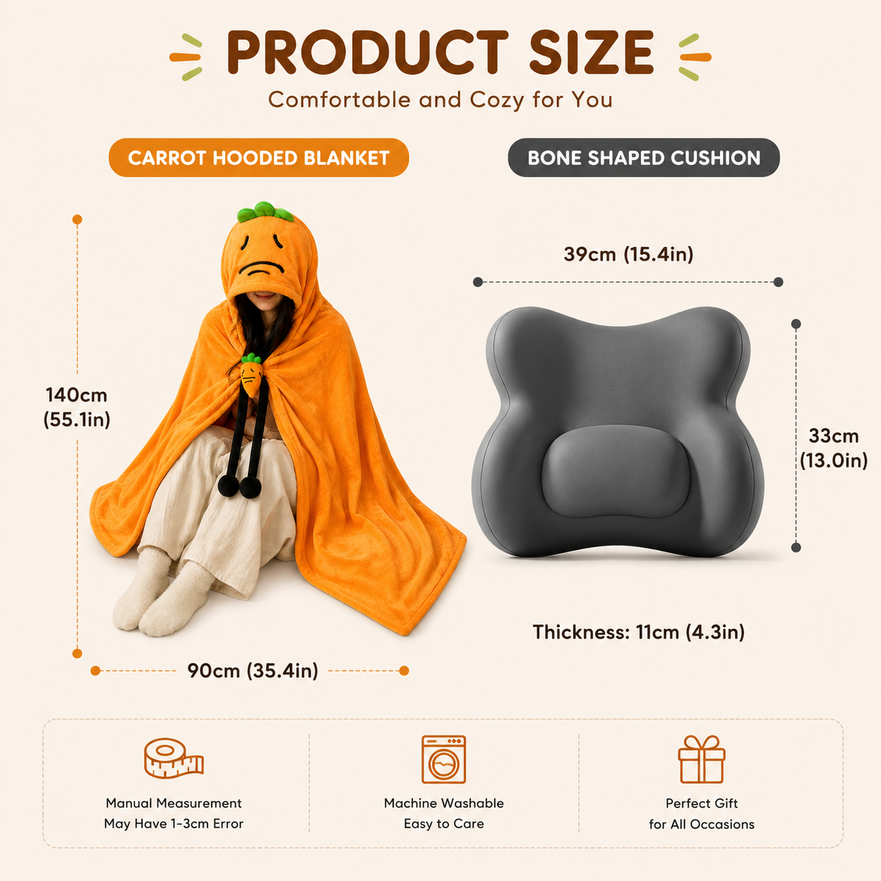 Carrot Hooded Blanket with Blue Memory Foam Lumbar Support Pillow, Cozy Wearable Throw Blanket and Ergonomic Back Cushion Set for Office, Home, Study and โ image 5