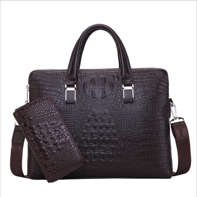 Brown Men's Luxury Crocodile Embossed PU Leather Briefcase(39 x 8 x 28 CM) With FREE Crocodile Wallet - Dual-Zip Business Shoulder/Crossbody Laptop Bag (Fits