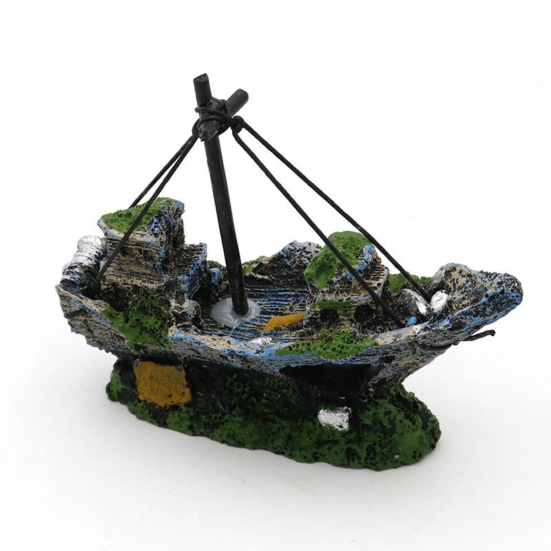Resin Fishing Boat Aquarium Ornament Plastic Decoration Sunken Pirate Ship Theme Old Pirate Ship Sunken Treasure Boat Aquarium โ image 2