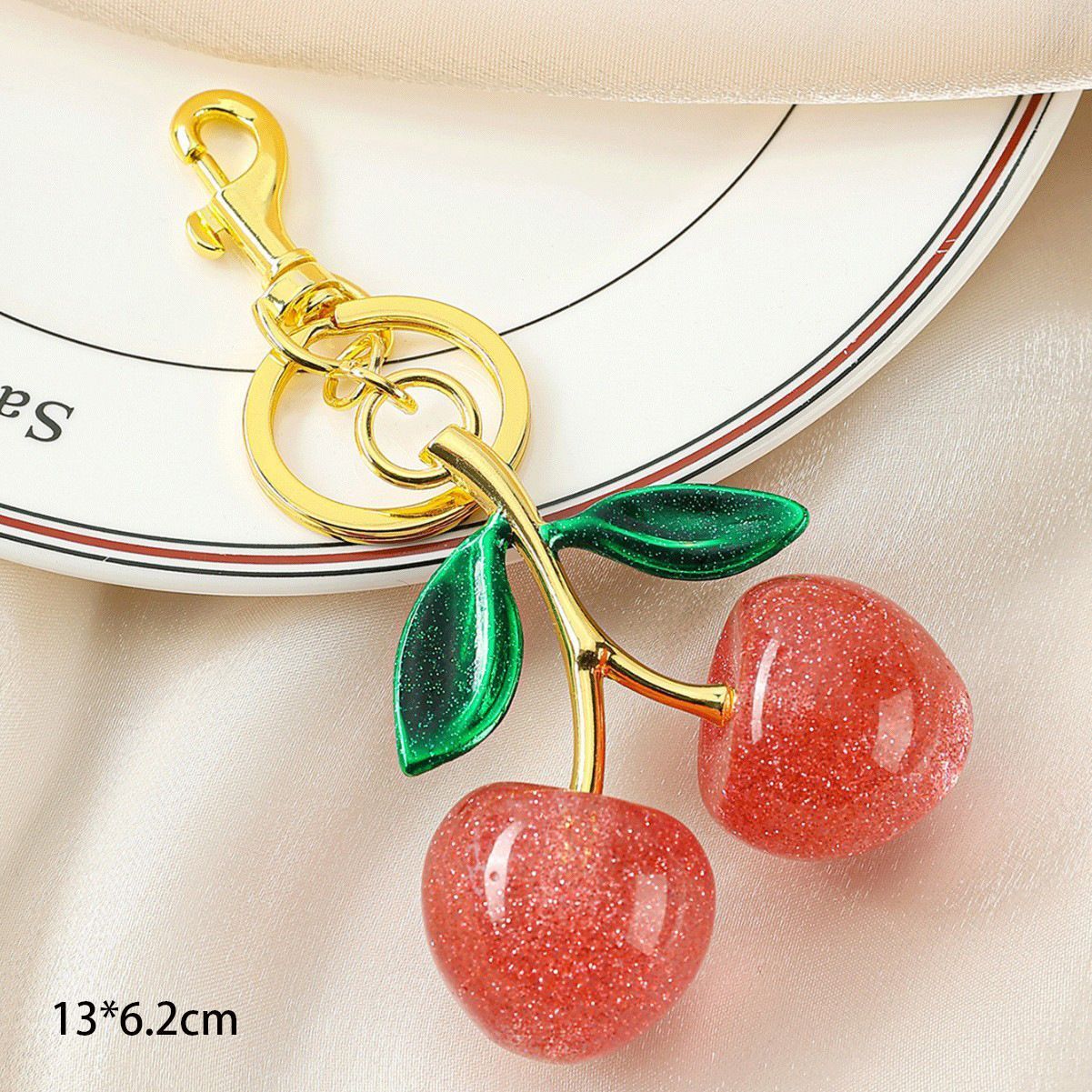 Gentle Pink Cherry Keyring paired with dual green leaves, full of youthful fresh vibes for casual daily matches — image 2