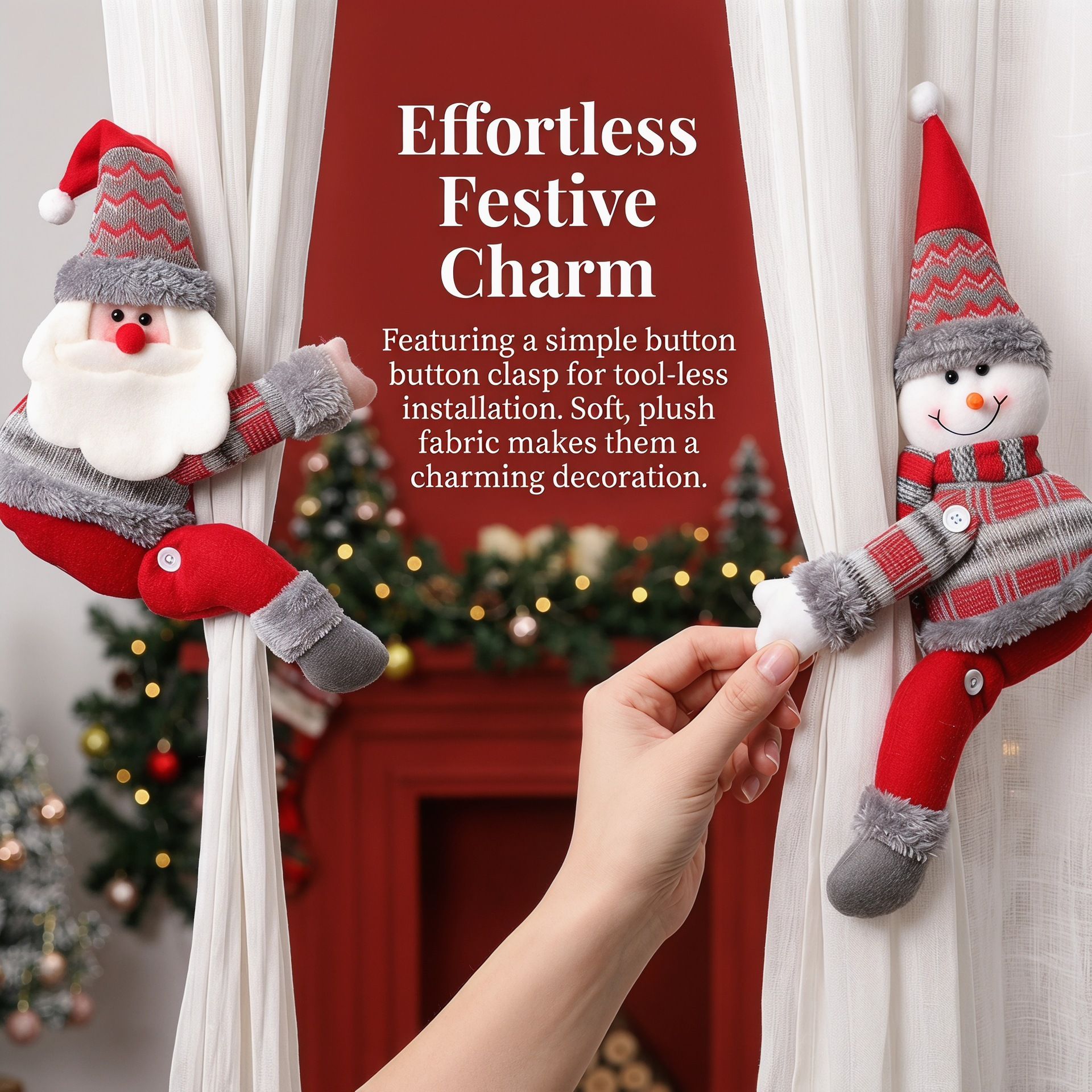 Santa Claus Christmas Curtain Tiebacks, Large Plush Doll Holdbacks - Curtain Festival Charm for Christmas in July, Winter Christmas, Yulefest, Secret Santa — image 4