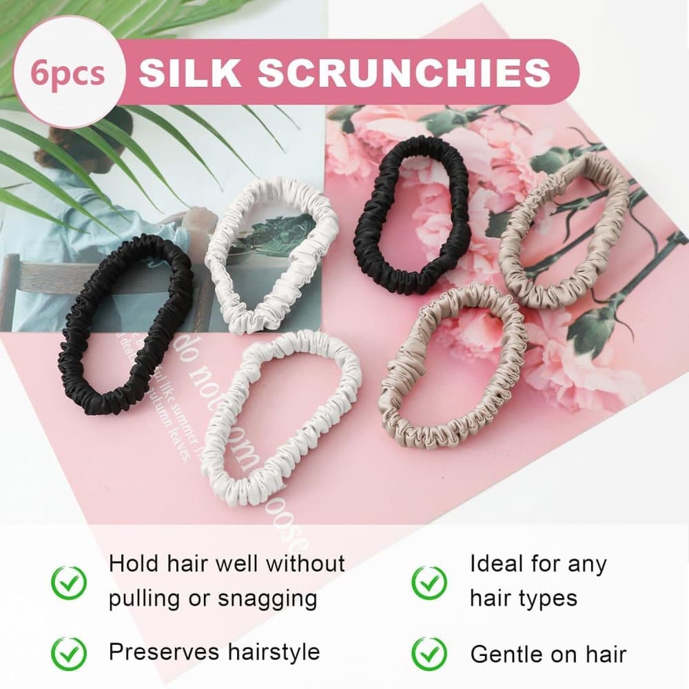 6-Pack Mulberry Silk Scrunchies Hair Bands No Damage High Elasticity, 16 Momme — image 5