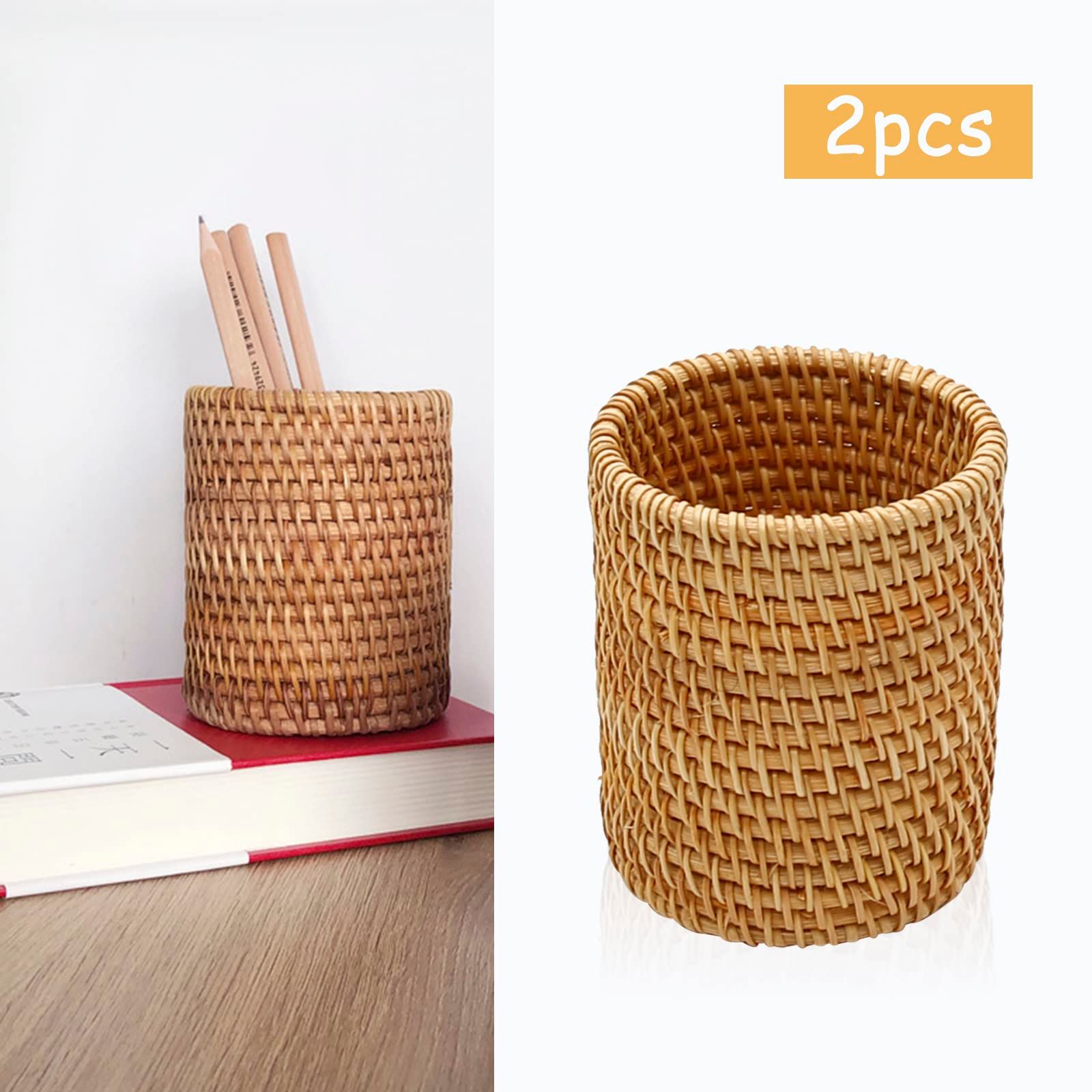 2 Pack Rattan Pencil Holder Handmade Pen Organizer Boho Desk Accessories Pen Cup Holder Desk Accessories Aesthetic Holder for Desk Cute โ image 5