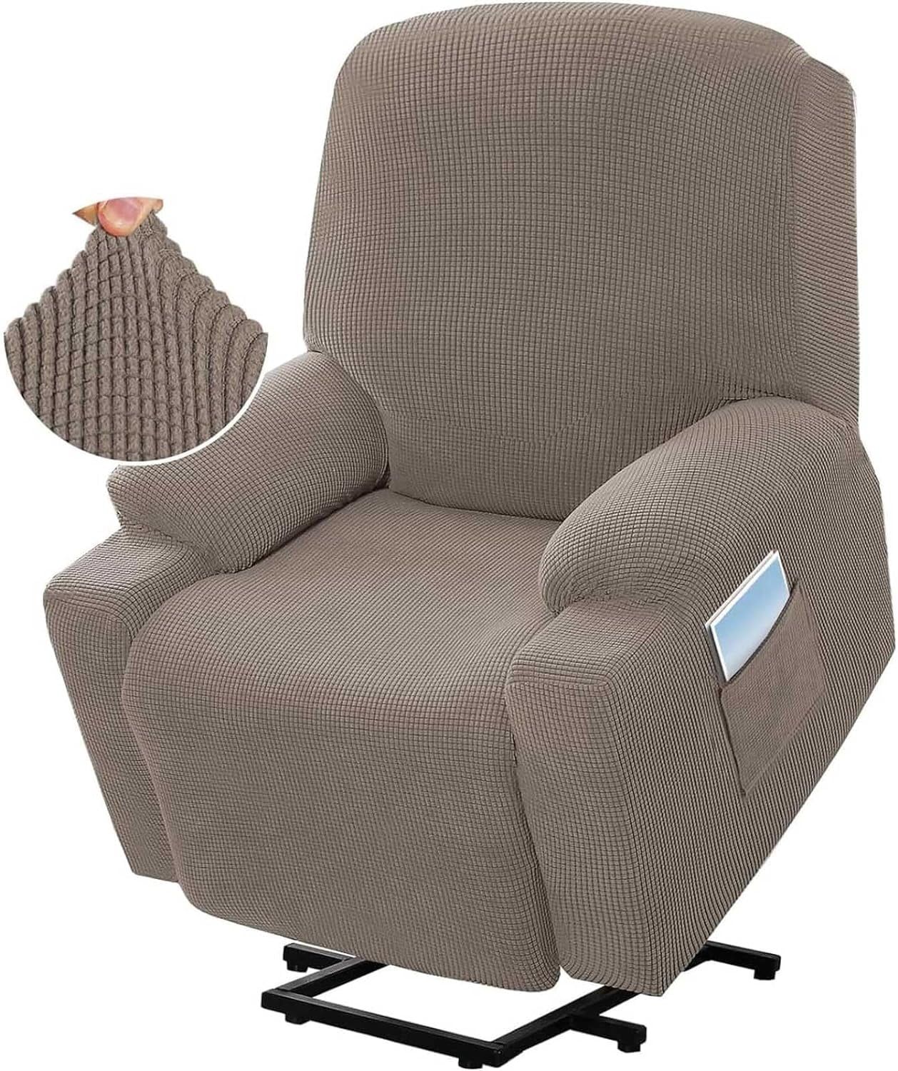 Power Lift Recliner Chair Cover, Stretch Jacquard Fitted Slipcover with Side Pocket, Taupe
