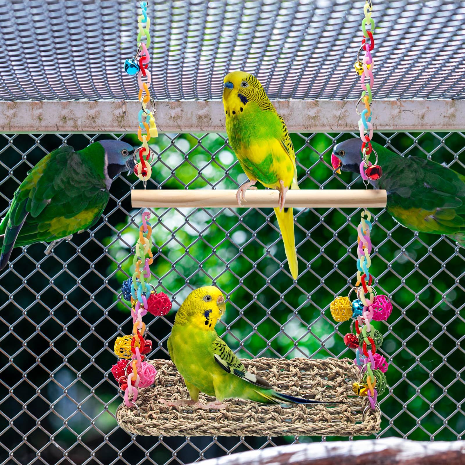Bird Swing Toy Cool Running Bird Hanger Hanging Swing Nest Vine Mesh Weaving Bird Swing Toy Colorful Bell — image 3