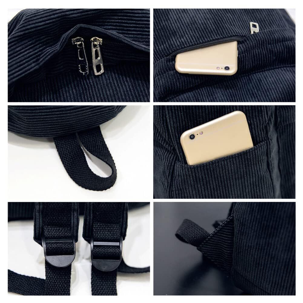Corduroy Backpack, 14 Inch Cute Backpack Aesthetic Casual Striped Bookbag Lightweight Corduroy Book Bag for Travel (Black) — image 3