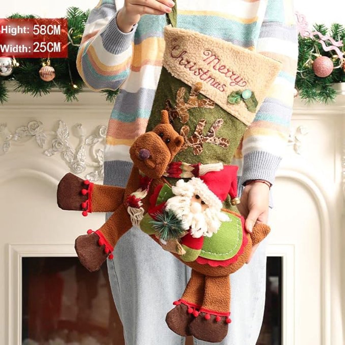 Gift Bags - 23 Inch Christmas Stockings - Santa and Reindeer Pattern - Extra Soft Plush Cuff - Classic Christmas Stocking Decoration - Perfect for Family — image 3