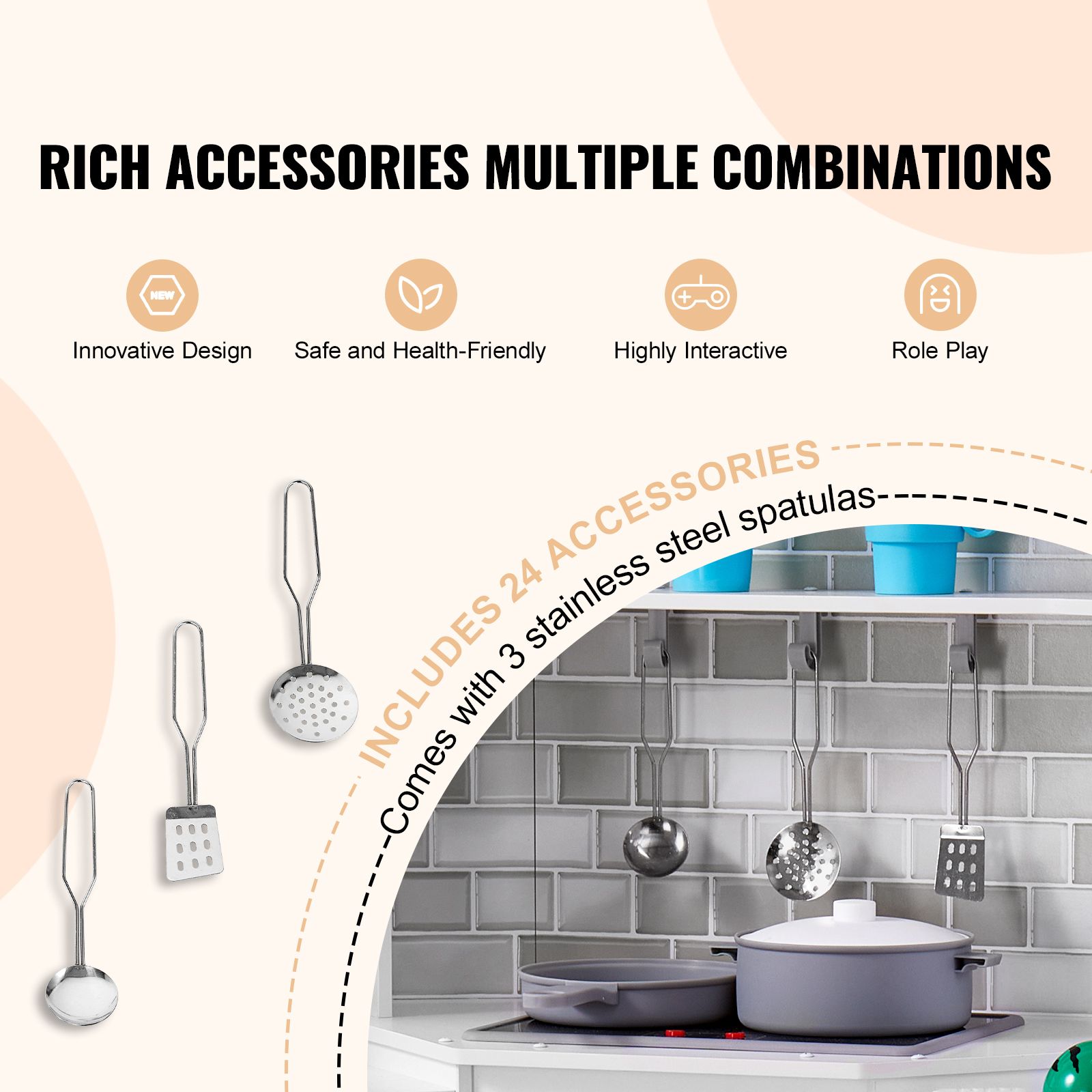 Kitchen Playset Kids Pretend Cooking Play Toy 24 Piece Accessories White — image 2