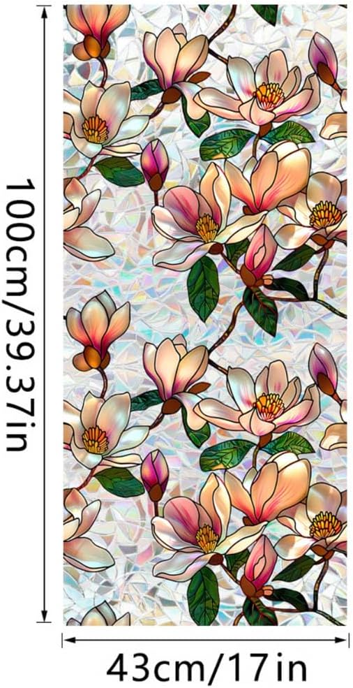Retro Magnolia Flowers Window Privacy Film,Stained Glass Decals Colorful Floral Privacy Rainbow Decals Living Room Sun Blocking Decor Removable Static Cling — image 6