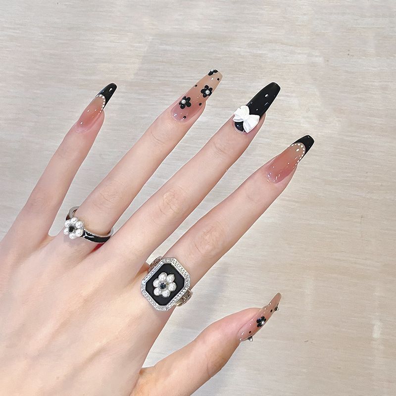 Cute Long Coffin Press on Nails Black Glossy Fake Nails Design Flower Bow French False Nails Tips Full Cover Halloween 24Pcs — image 5