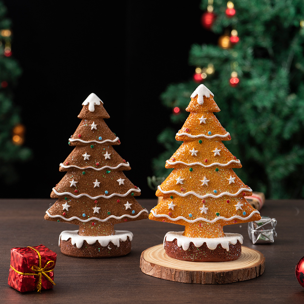2 Pcs (1 Yellow + 1 Brown) Charming Gingerbread Christmas Tree Figurine - Festive Resin Holiday Table Decor Ornament — image 2
