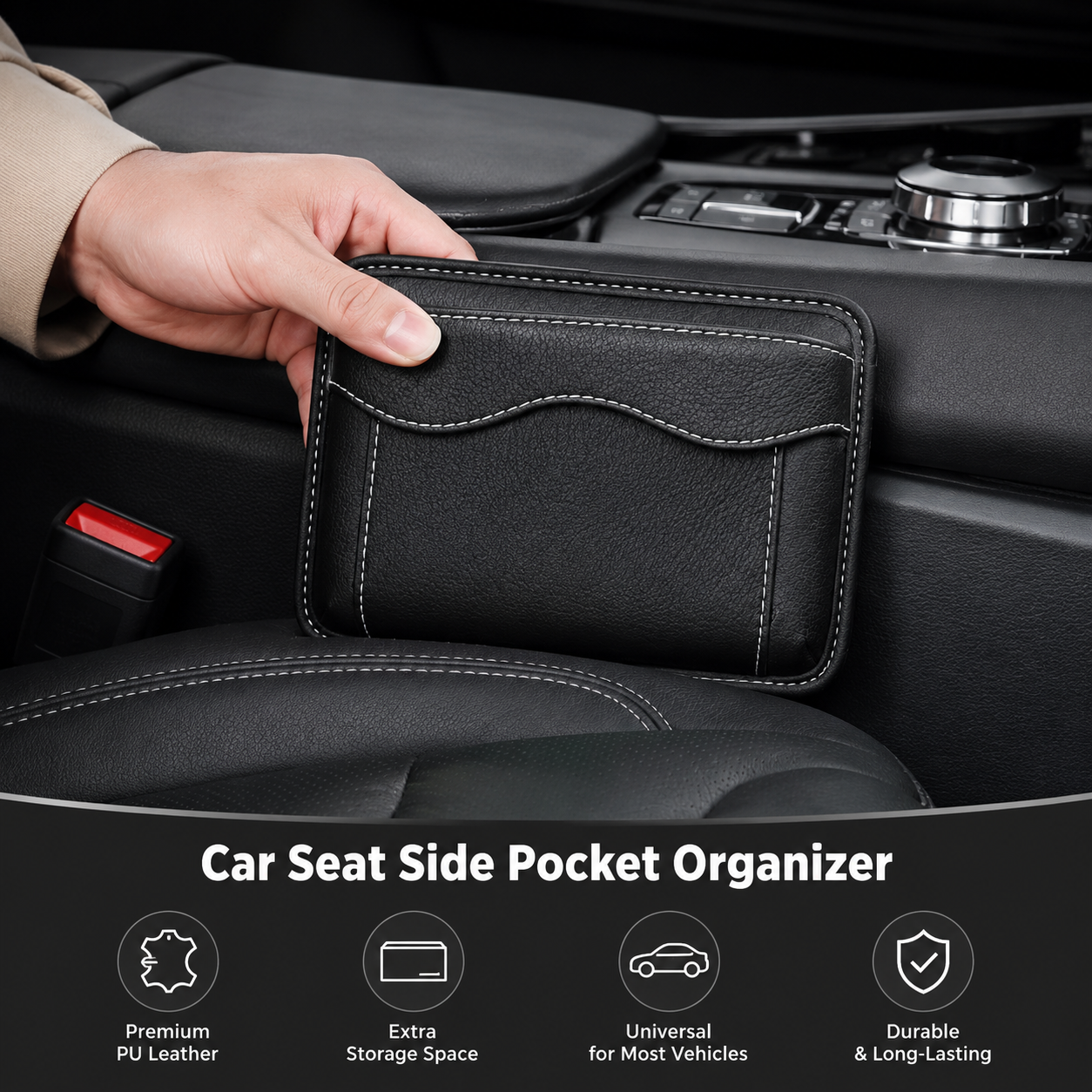 Car Seat Side Pocket Organizer, PU Leather Mini Vehicle Phone Holder Storage Bag, Automotive Interior Tray Pouch Seat Gap Filler Accessories, Universal for SUV — image 3