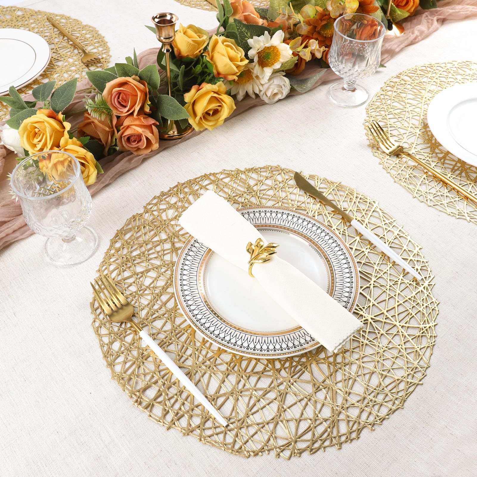 Gold Round Placemats for Dining Table Set of 6 Metallic Pressed Vinyl Circle Table Mats Wipeable Hollowout Place Mats (Line, Gold) — image 3