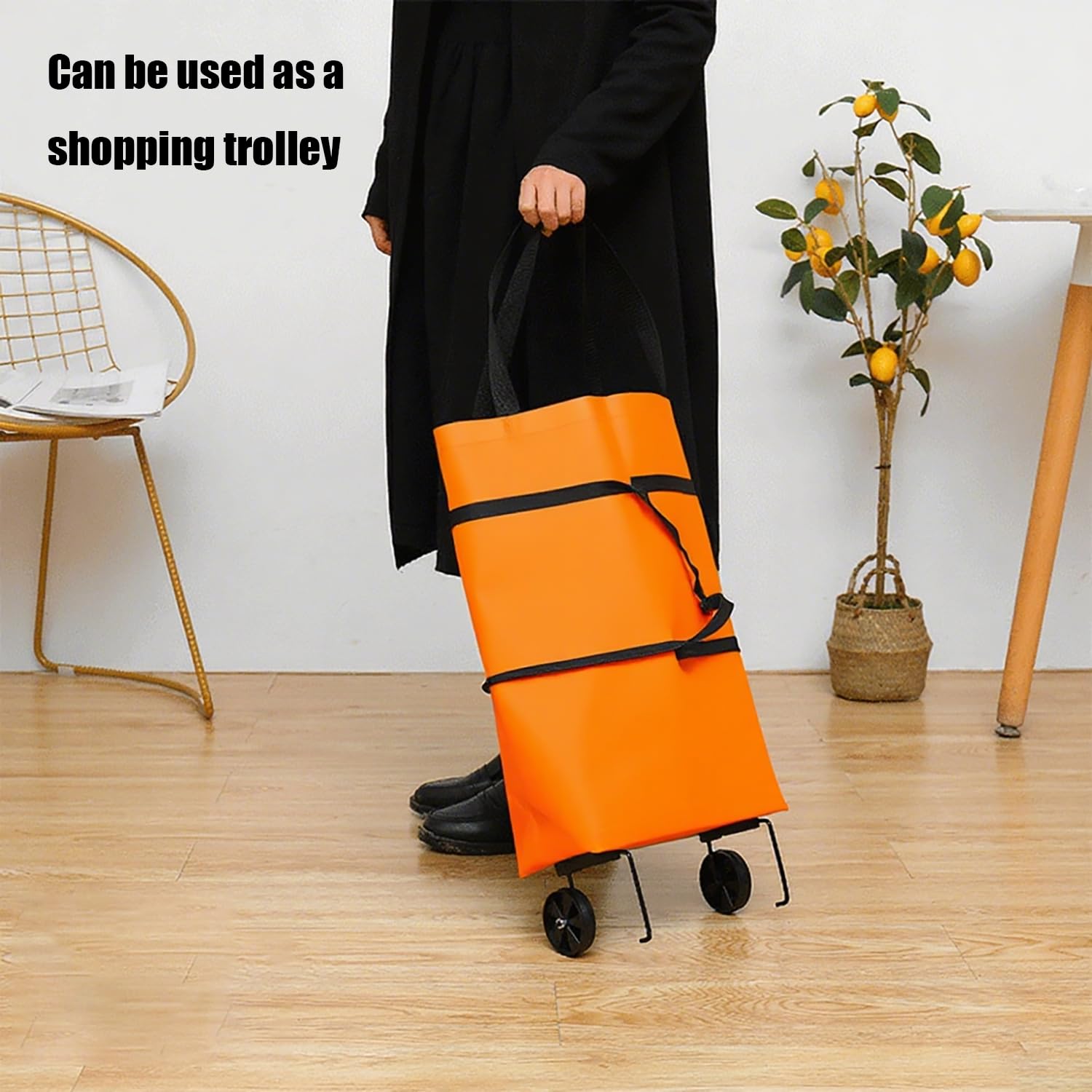2-in-1 Collapsible Shopping Trolley with Wheels – Foldable Grocery Cart, Reusable Waterproof Oxford Bag for Supermarket, Picnic & Travel (Orange) — image 6