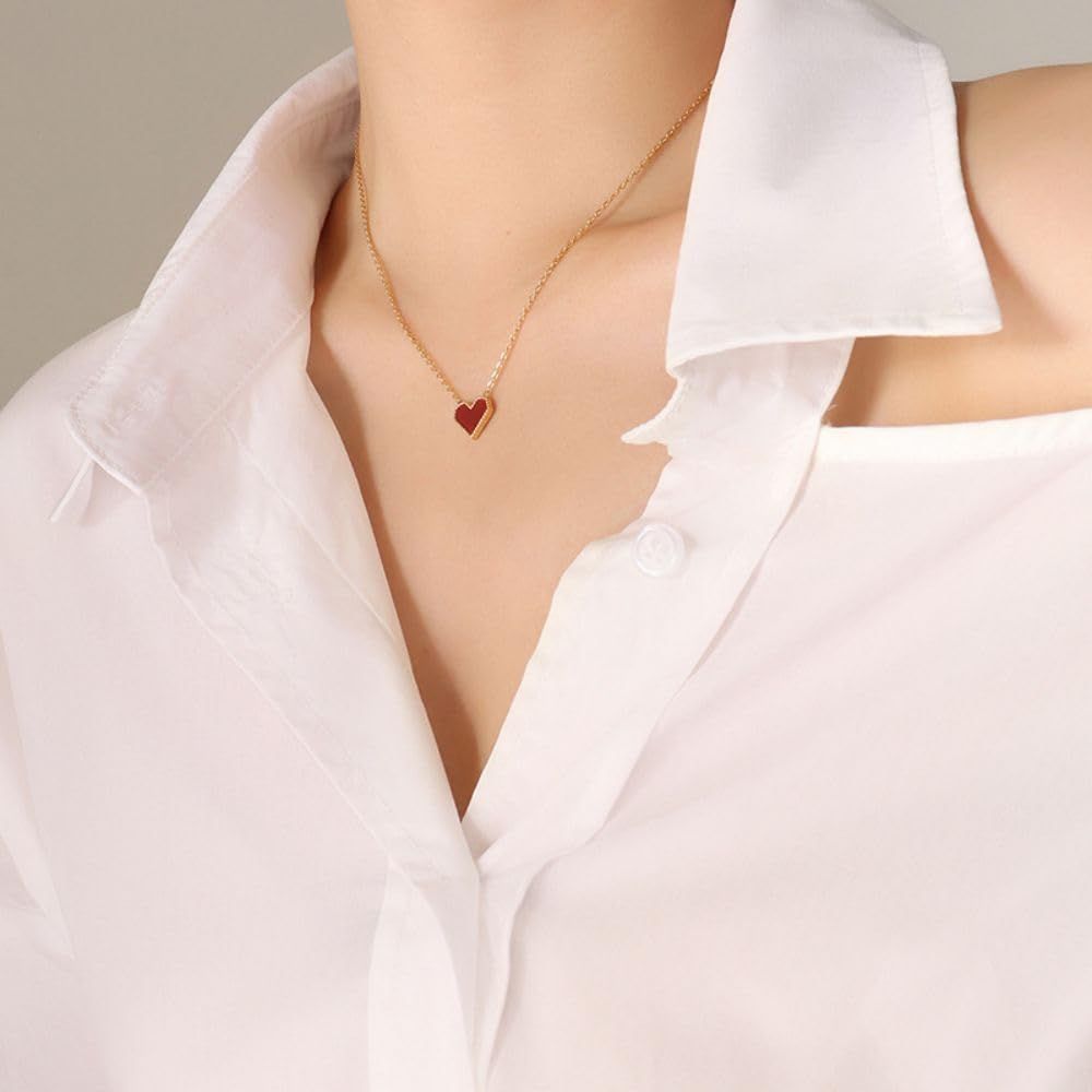 Gold Plated Heart Collarbone Chain Necklace Small Cute Necklace Red Heart Pendant Charm Necklace for Women Dainty Necklace for Women โ image 2