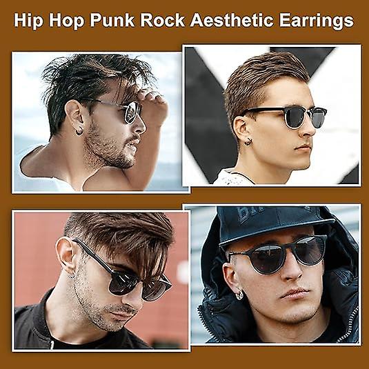 14mm Men's Titanium Steel Hoop Earrings Set - Black & Silver, Punk Rock Style — image 5