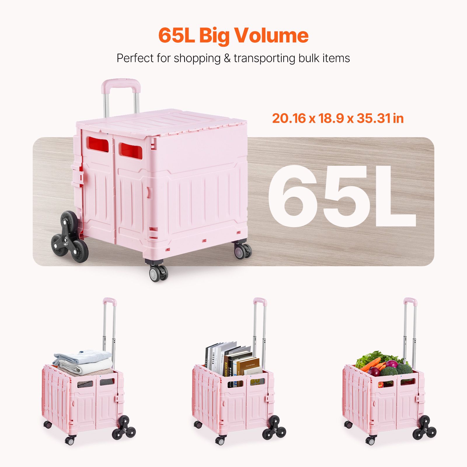 Foldable Utility Cart, 65L Collapsible Portable Crate Rolling Cart with Stair Climbing Wheels & 360° Swivel Wheels, Hand Cart with Telescoping Handle for — image 4