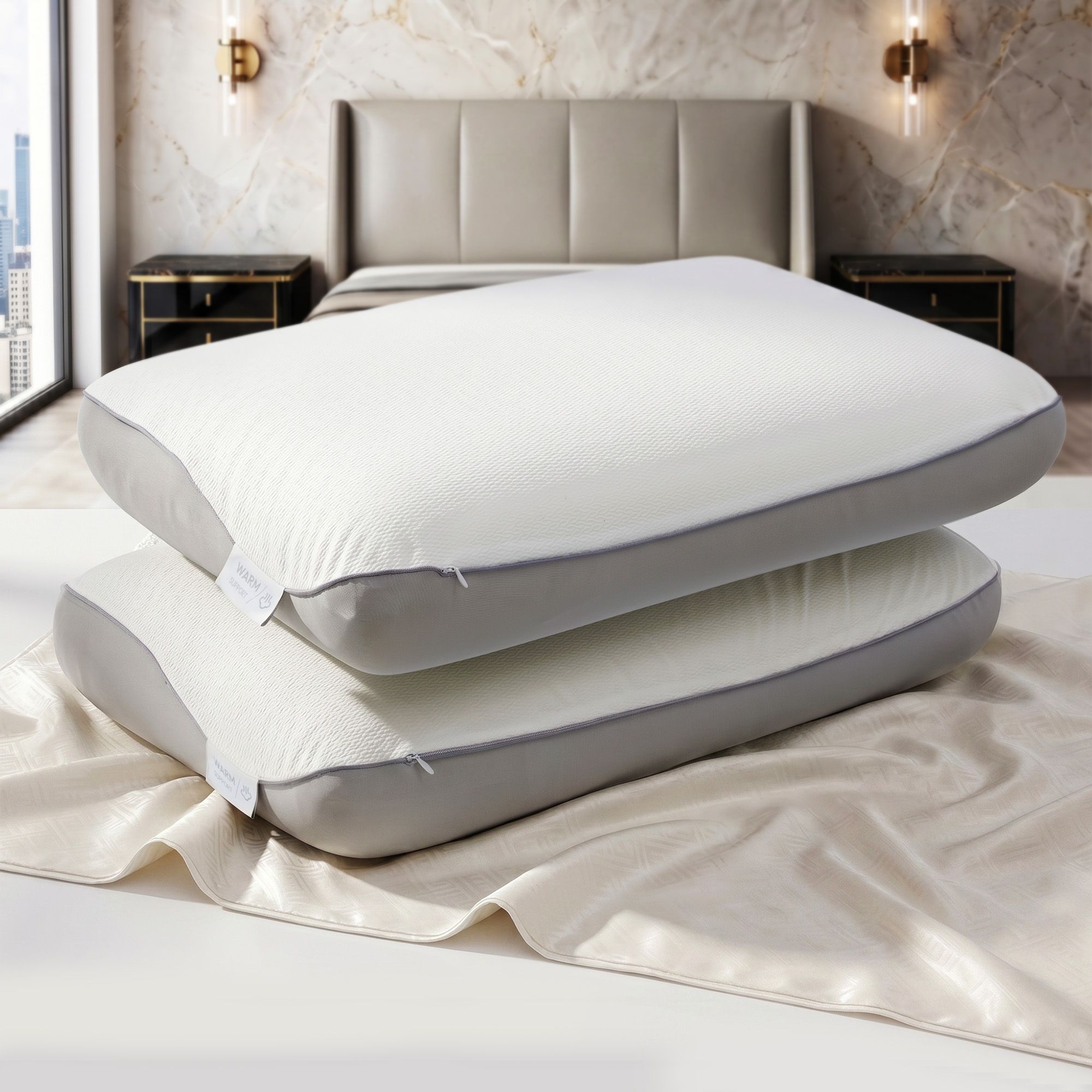 ROOMSENSE Reversible Dual-Sided Memory Foam Pillow, Ice-Cooling & Warm Fabric Sides, 55D Ultra-High Density Ergonomic Contour Pillow for Neck Pain Relief, Back