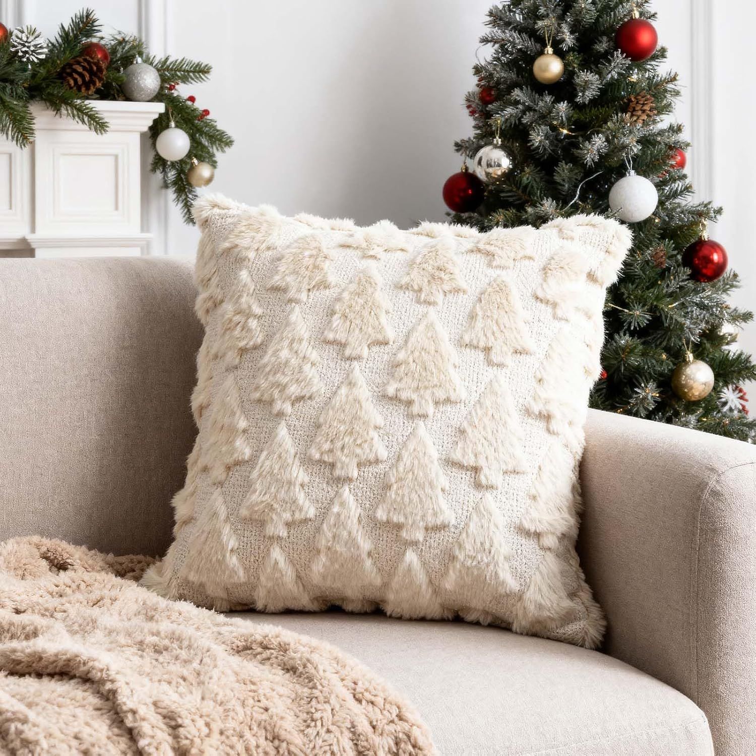 Christmas Decorations -Christmas Pillow Covers 18 x 18 Inches Set of 2,Soft Plush Faux Fur Wool Beige Xmas Tree Throw Pillow Cases Winter Holiday Decor for — image 2