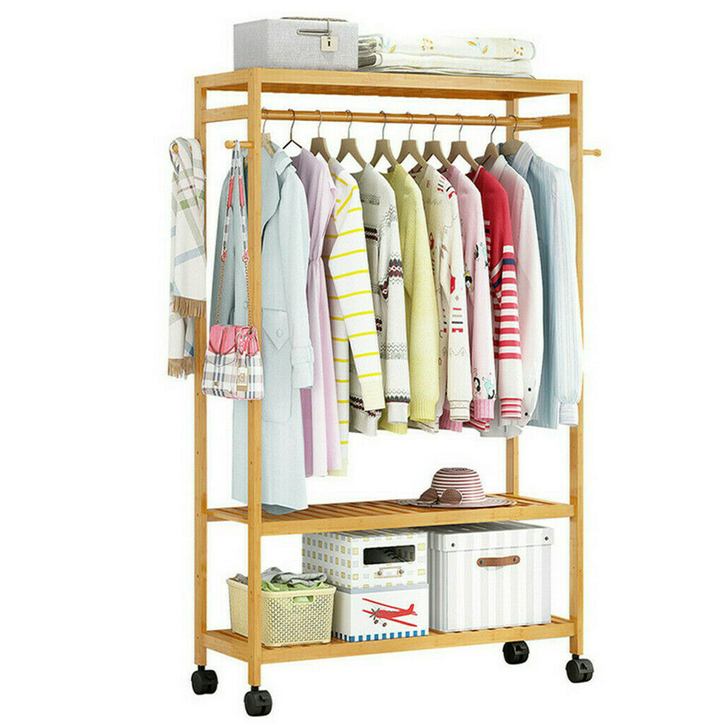 169cm Mildrew-proof Bamboo Clothes Shelves Stand On Wheels Coat Shoes Bags Rack โ image 3