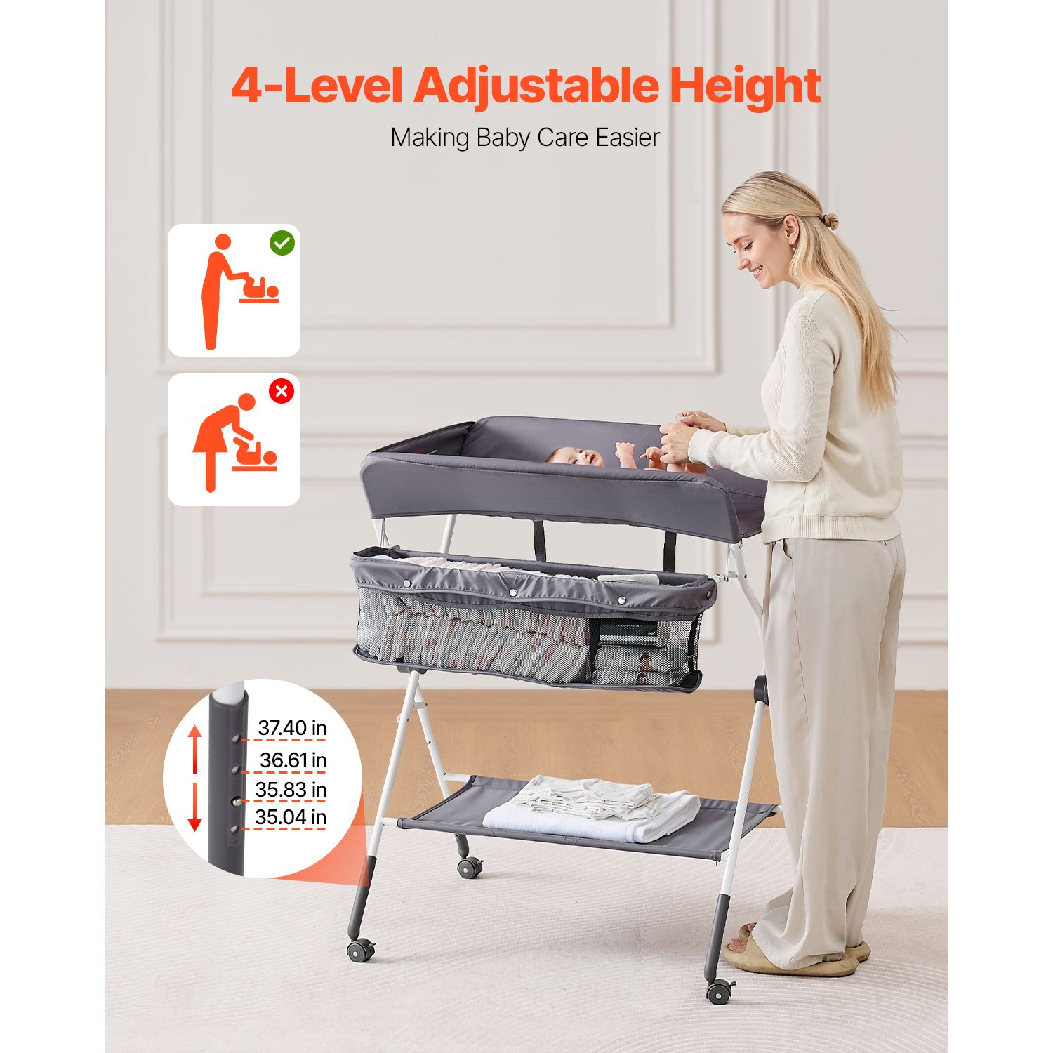 Baby Changing Table, Foldable Diaper Change Station with Side Basket, Adjustable Height Portable Changing Table with Lockable Wheels, Multi-Functional Storage — image 2