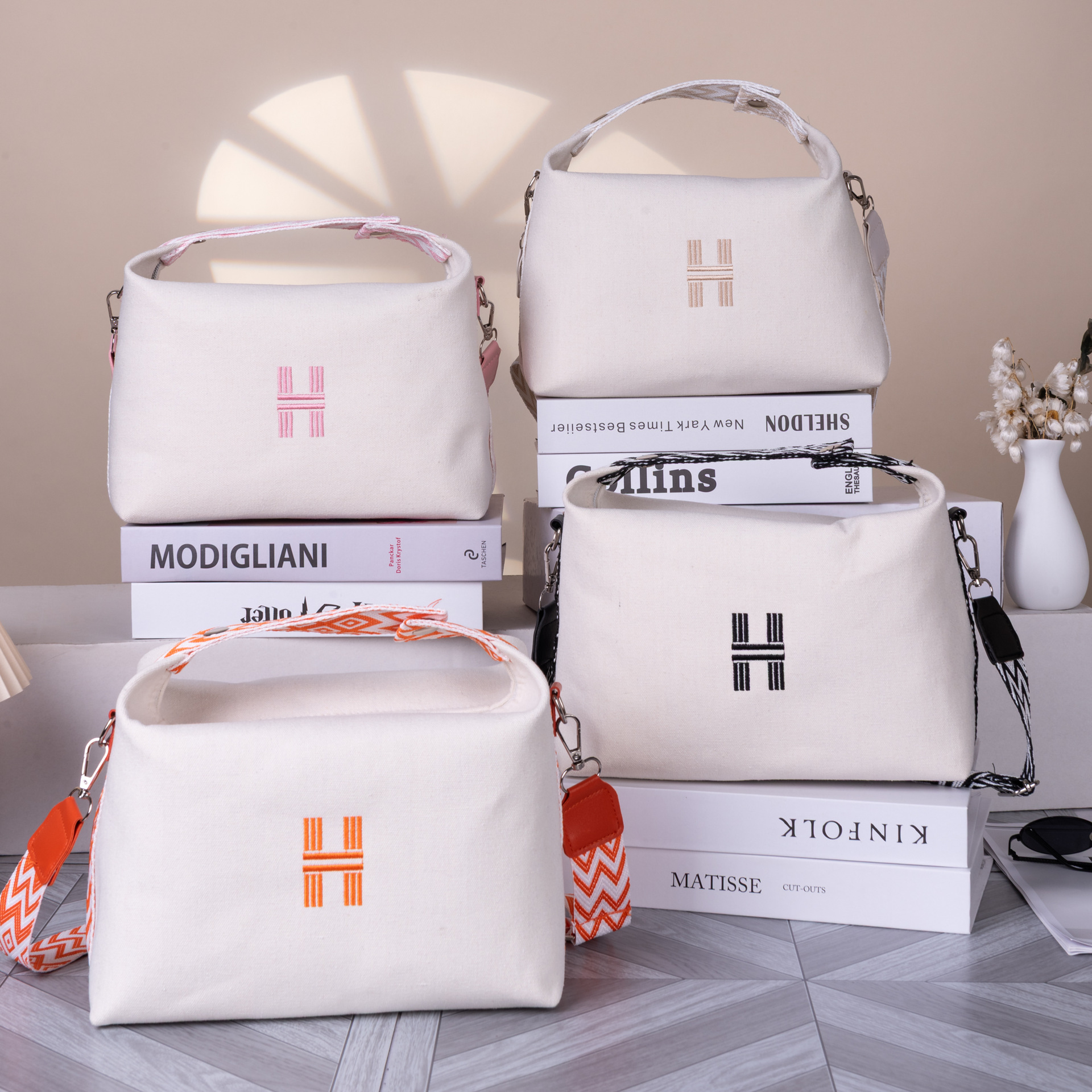 Women's Minimalist Canvas Crossbody Bag with Wide Orange Webbing Strap Casual Shoulder Handbag Large Capacity for Daily Use - Cream White — image 2