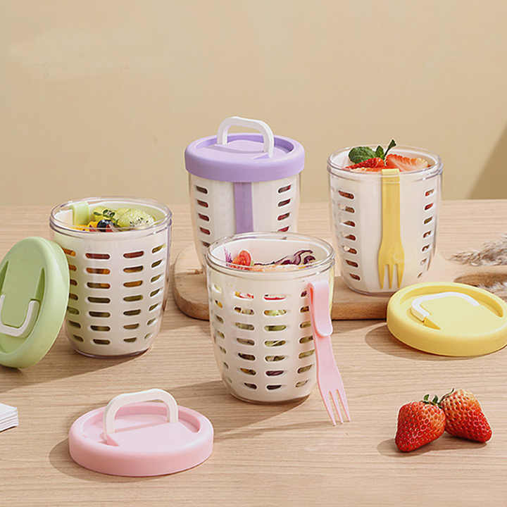 2 Pcs Yellow Portable Leakproof Fruit and Salad Storage Box with Draining Function, Sealed Fresh-Keeping Bento Lunch Box with Fork, AS+PP+Silicone Material โ image 5