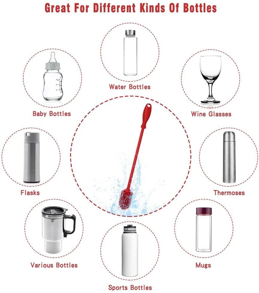 Silicone Bottle Cleaning Brush with Long Handle,Sports Bottle, Vase, Glassware, Perfect for Smaller Diameter Bottle Openings (Red) — image 4