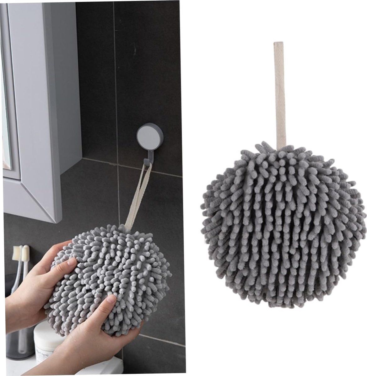 Grey Chenille Ball Hand Towel, Soft Absorbent Hanging Bathroom Towel