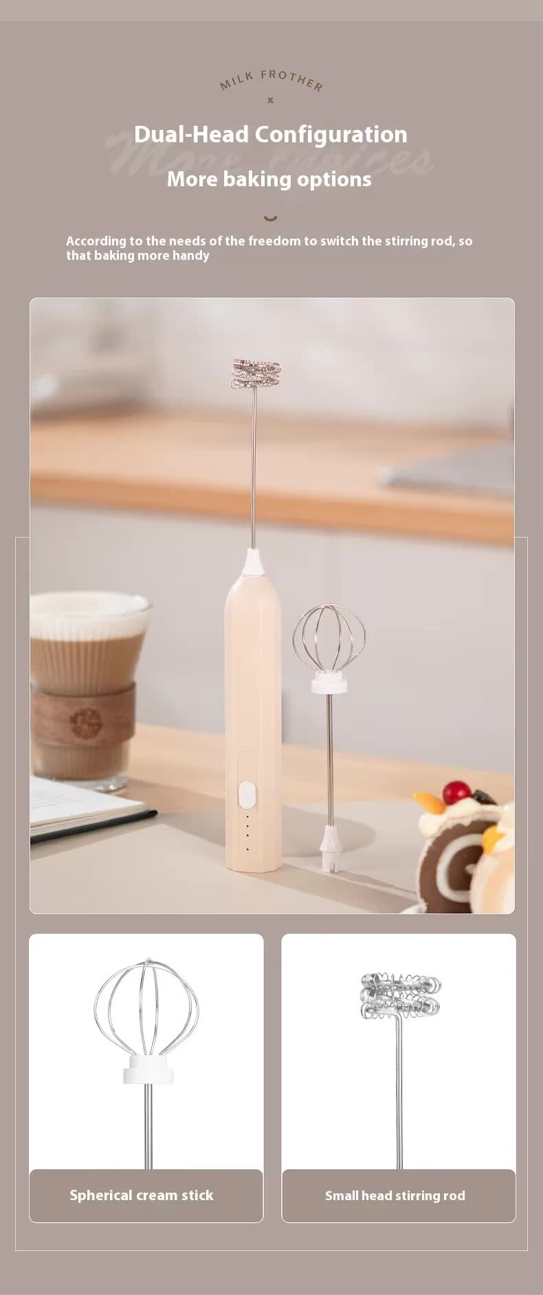 Apricot Mini Hand Mixer with Frother & Balloon Whisk Heads - Rechargeable Kitchen Tool — image 4