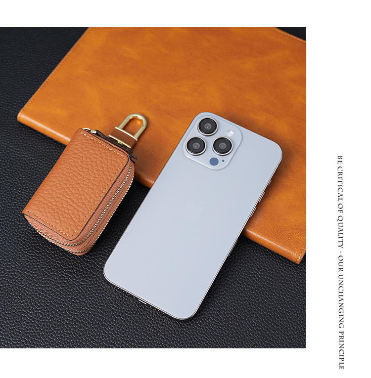 Genuine Leather Car Key Case Double Zipper Smart Key Fob Holder Wallet Remote Organiser Pouch with Hook Red — image 4