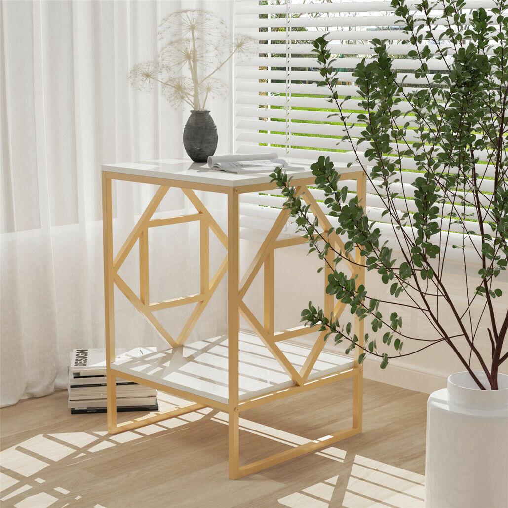 White Marble Gold Side Table Living Room End Accent Table Nightstand with Shelf โ image 6