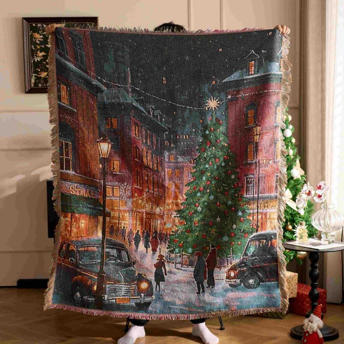 Decorative Tapestry Throw Blanket For Christmas & Halloween, Cozy Nap Rest Cover For Home Decoration, Golden Thread Winter Christmas Lamp Design, 157x130cm