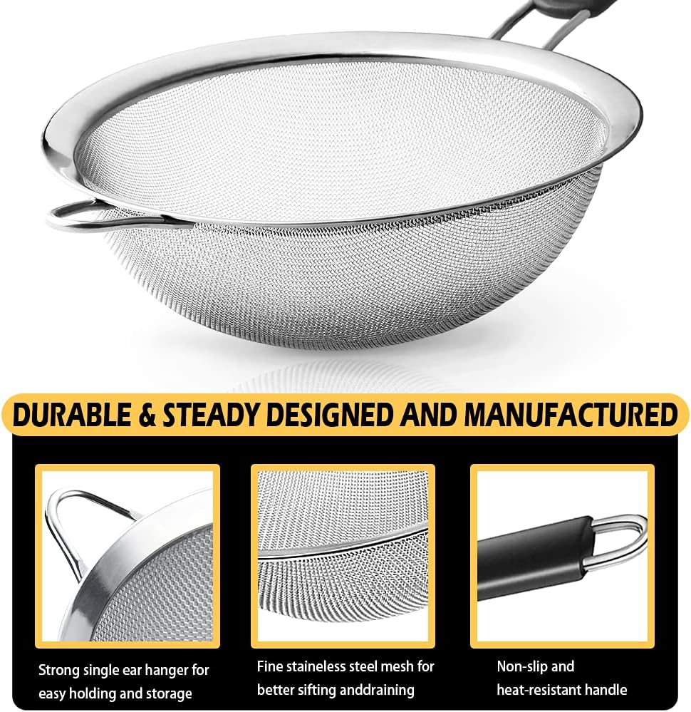Stainless Steel Fine Mesh Strainers, Set of 3 Sizes Strainer for Kitchen, Wire Sieve with Insulated Handle Kitchen Strainer, Baking Tools Colander, Food — image 3