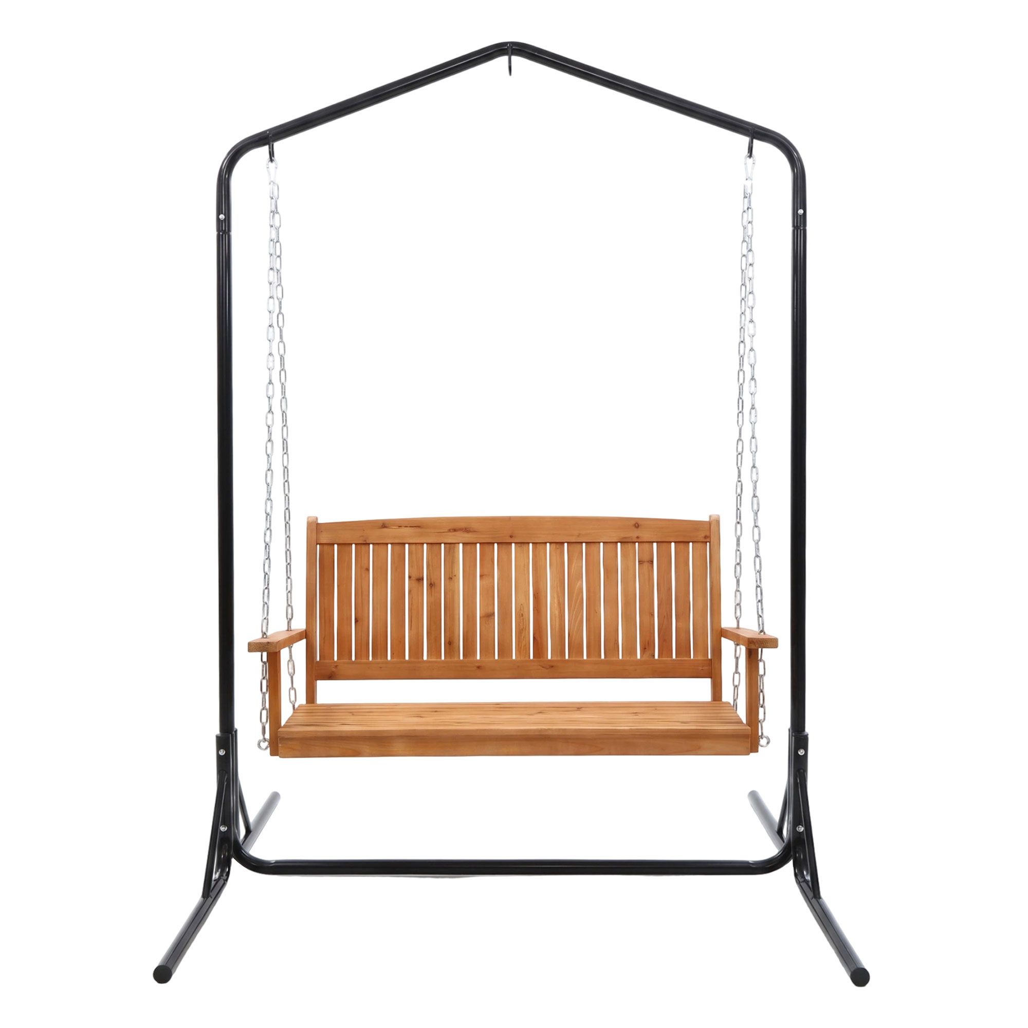 Gardeon Wooden 2-Seater Outdoor Swing Chair with Black Stand Hanging Chair Patio Furniture — image 3