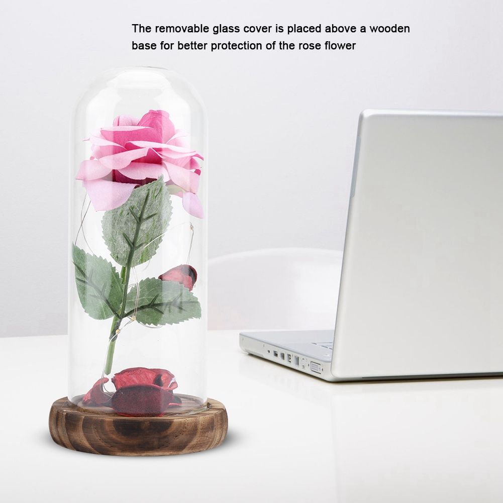 Preserved Rose Flower LED Light with Glass Cover Wooden Base Valentines'Day Wedding Gift Pink โ image 4