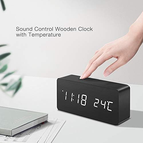 Digital LED Alarm Clock with USB Charger, Silent Wooden Clock for Bedrooms and Travel, 12/24h LCD Display, White — image 5